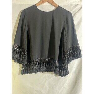 Mestiza Shimmy Shimmy Top Black Tassel Fringe Boxy Glam Cropped Luxe Party S